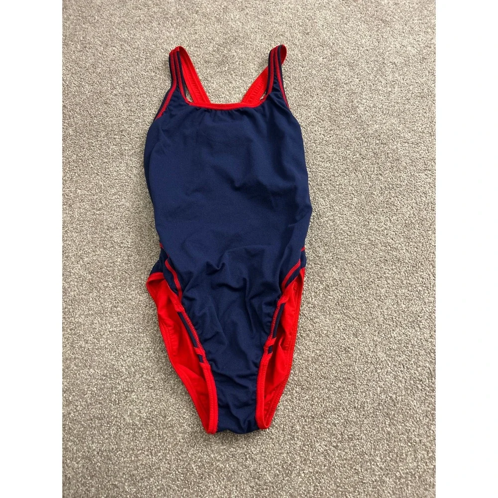 Speedo Lifeguard One Piece Swimsuit Womens 22 Navy Blue Red Excellent Racerback
